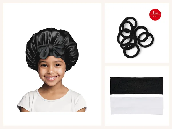 Accessories: Red Kids Satin Bonnet Adjustable Tie Pink, Red by Kiss Ponytail 4 Pcs hair rubber bands and Red by Kiss Head Band HEB37 headband
