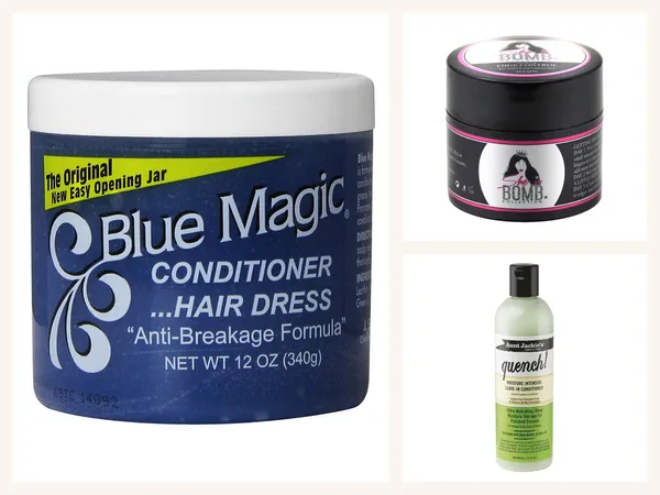 Hair Care: Blue Magic Conditioning Hair Dress 12oz conditioner, She Is Bomb Travle Size Edge Control 1 Oz and Aunt Jackies Quench Leave in Conditioner 12 oz