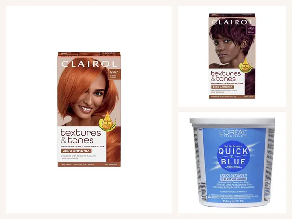 Hair Color: Clairol Texture & Tones Zero Ammonia 8RO Sunsetcopper hair color, Clairol 4RV Color hair color and Loreal Quick Blue Bleaching Powder 16 oz bleach powder