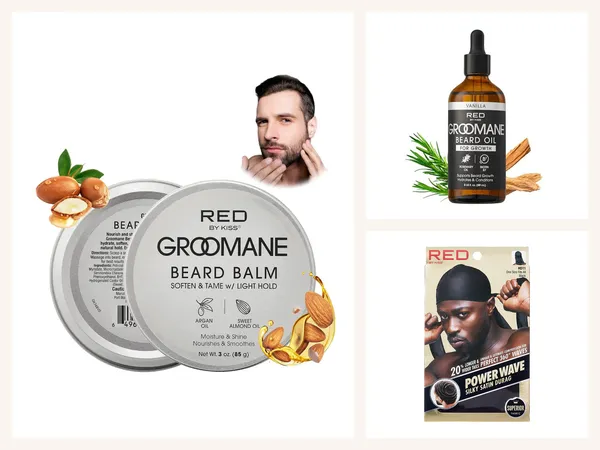 Men's Grooming: Red Groomane Beard Balm, Red Groomane Beard Oil for Growth Vanilla 3 oz and Red by Kiss Silky Satin Durag