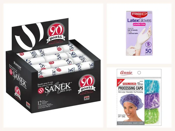 Salon Supplies: Sanek Neck Strip Box, Red By Kiss Gloves Med nitrile gloves and Annie Processing Caps Assorted Colors 10PC