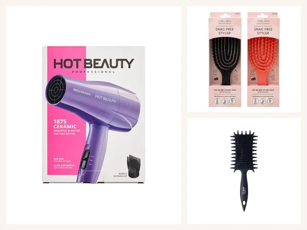Tools & Brushes: Hot Beauty 1875 Ceramic Blow Dryer- Purple, Red Brush Black hair brush and Red By Kiss 3 Row Styling Comb